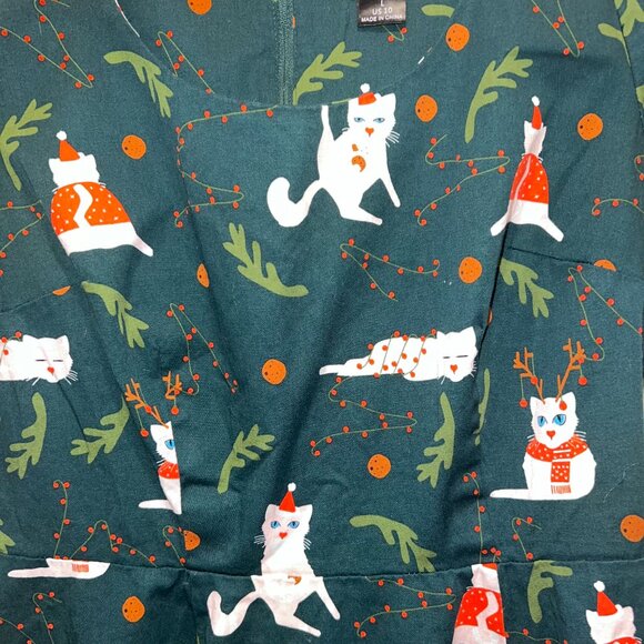 ModCloth x Collectif 'Festive Felines' Size US 10 Retro Swing Dress in Green - Picture 4 of 7